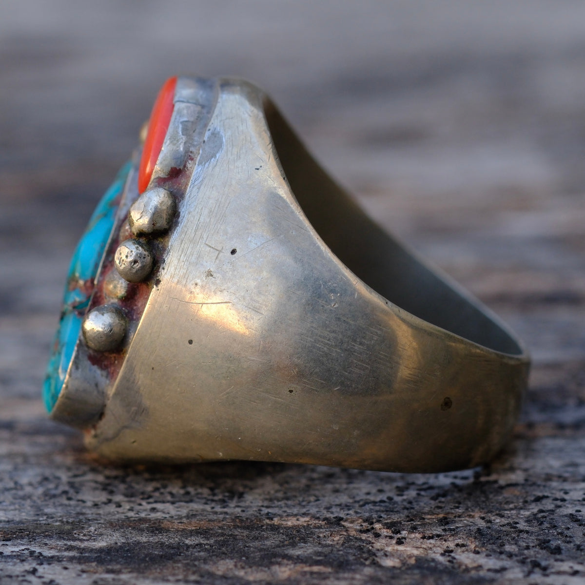 Vintage Sterling Turquoise and Coral Ring 12.5