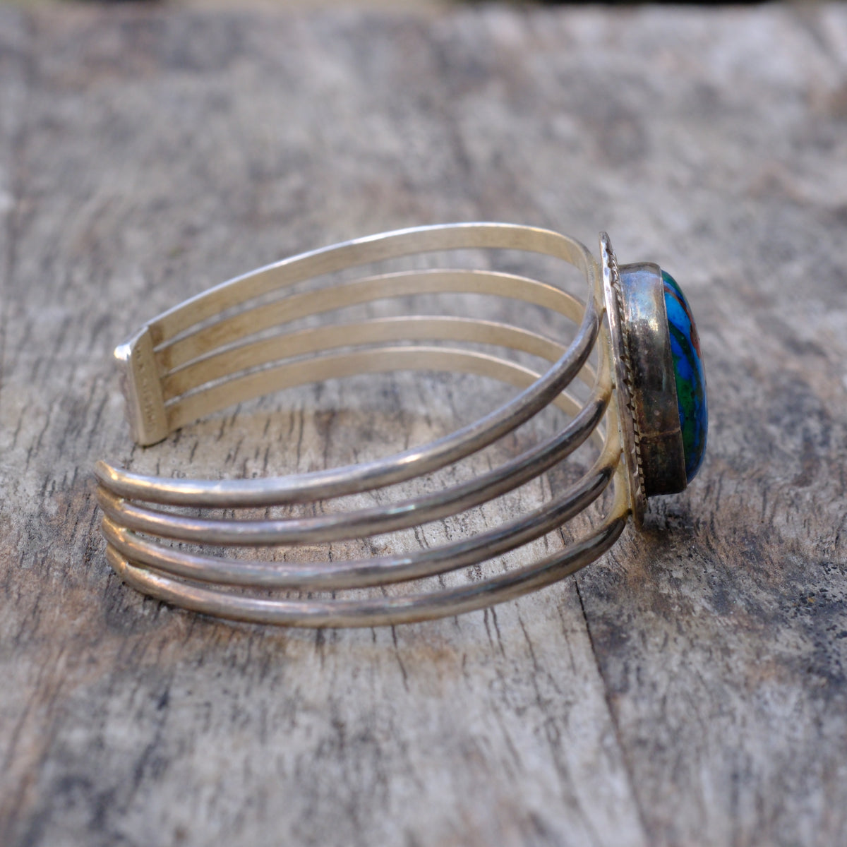 Vintage Sterling Rainbow Calsillica Cuff Bracelet