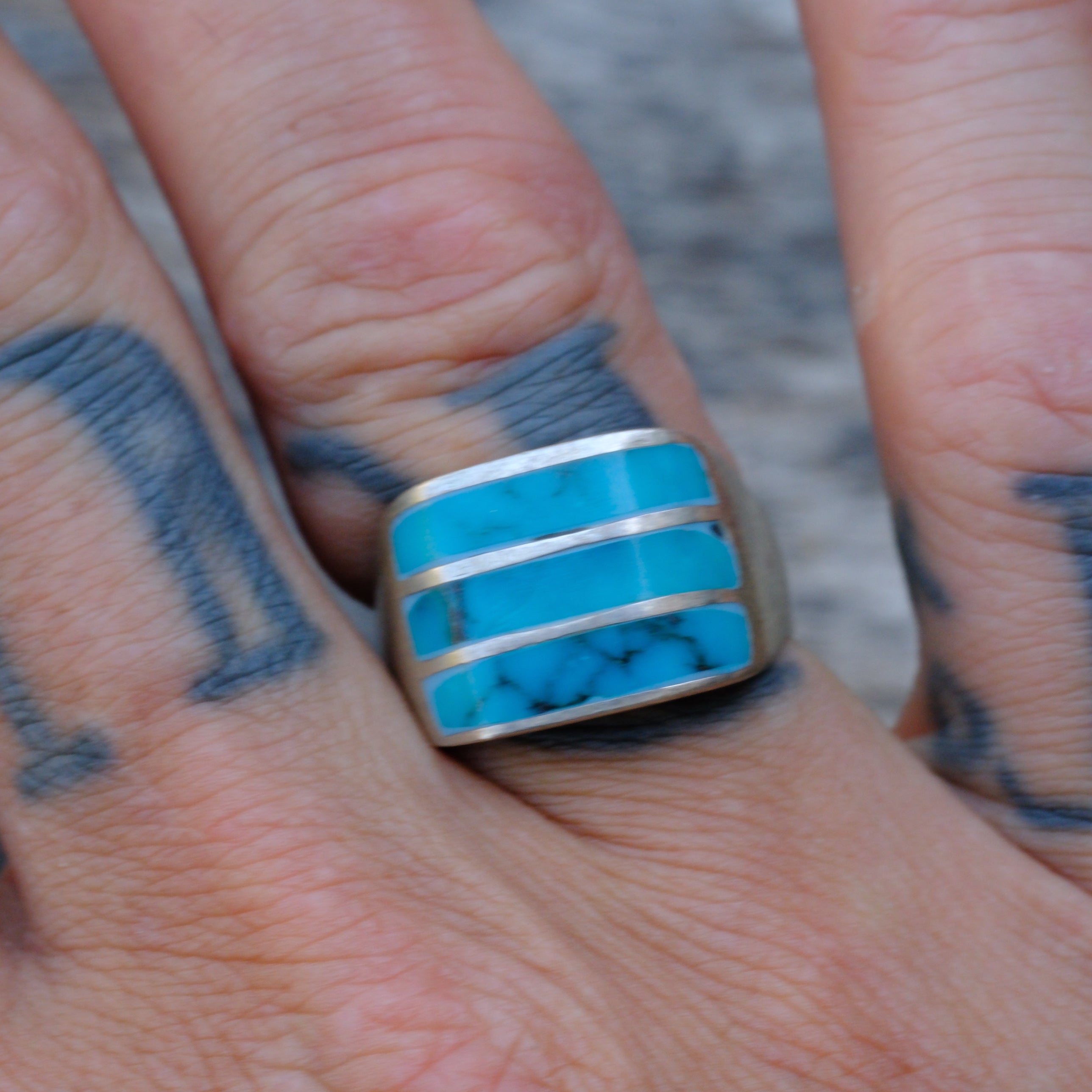 Vintage Sterling Turquoise Inlay Striper Ring 8.5