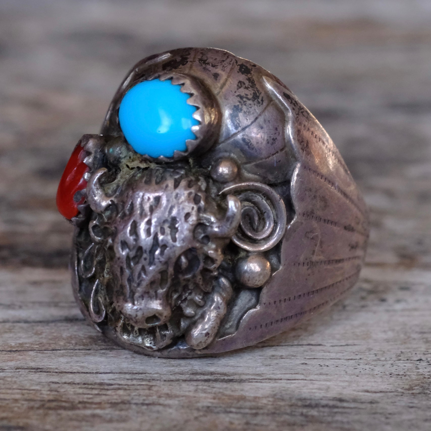 Vintage Sterling Turquoise and Coral Buffalo Ring 8.75