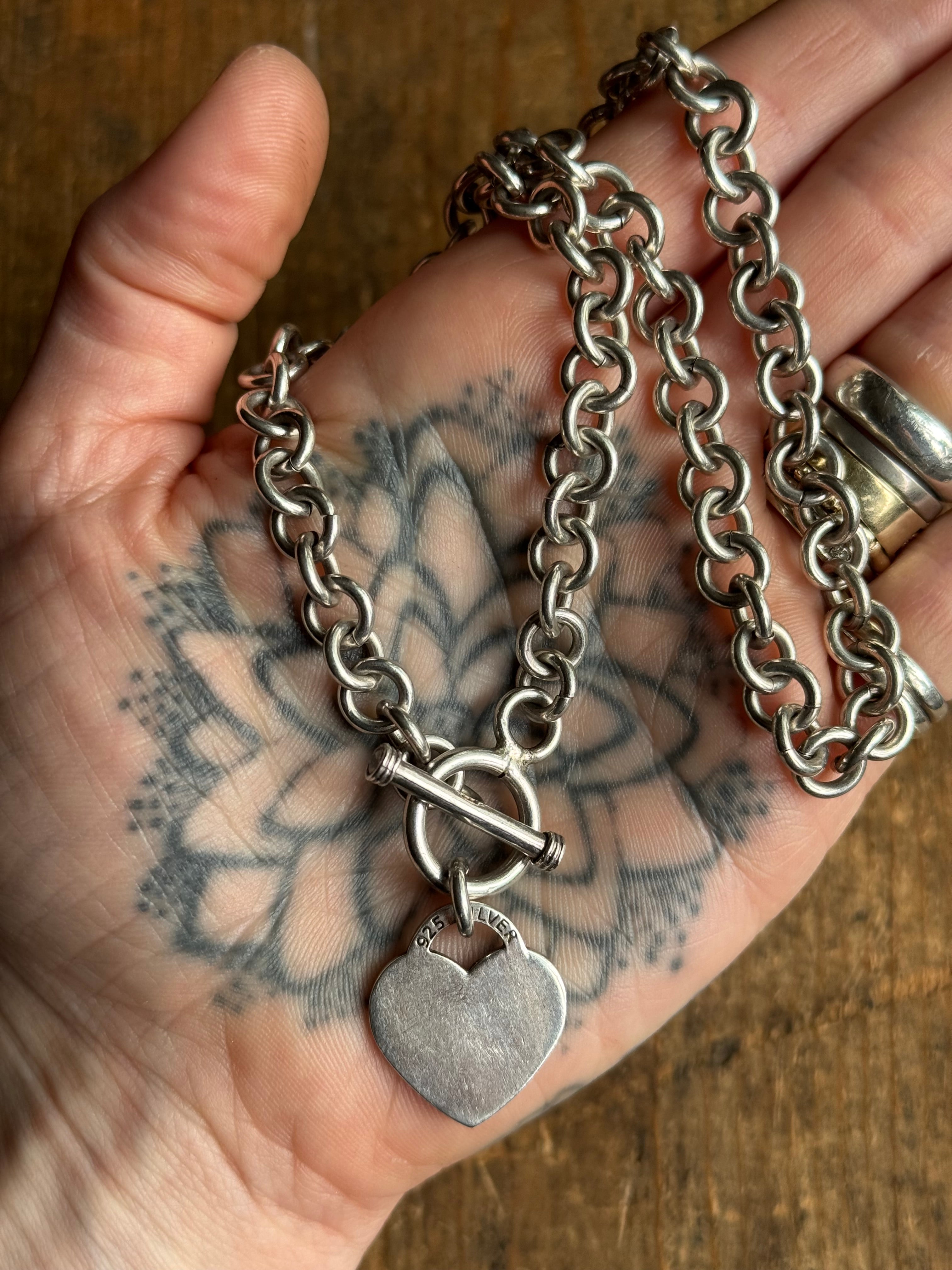 Vintage Sterling Silver 16” Heart ID Toggle Chain Necklace