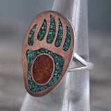 Vintage Sterling Turquoise and Coral Bear Paw Ring 6.75