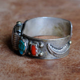 Vintage Sterling Turquoise and Coral Watch Cuff Bracelet