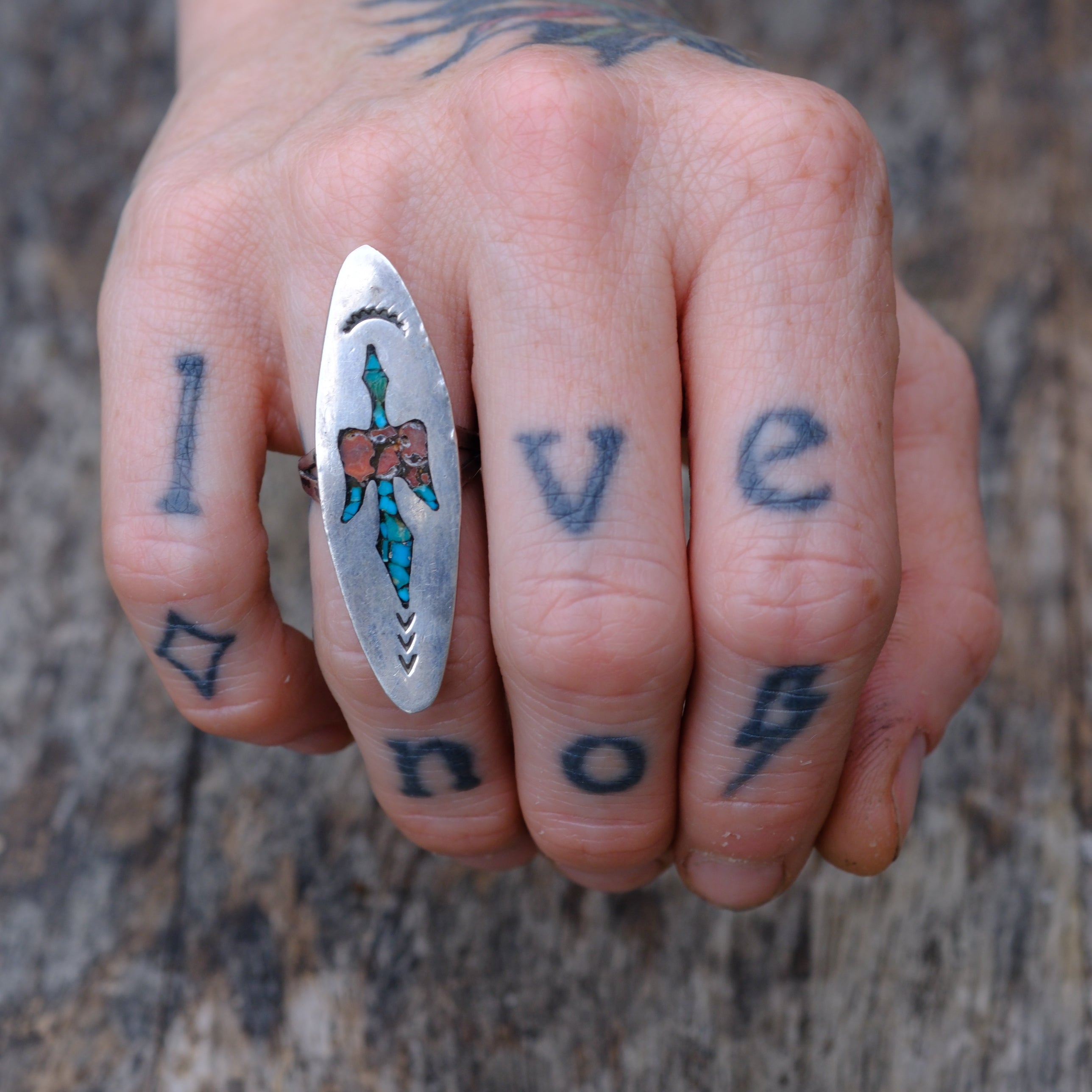 Vintage Sterling Turquoise and Coral Inlay Peyote Bird Ring 5.5