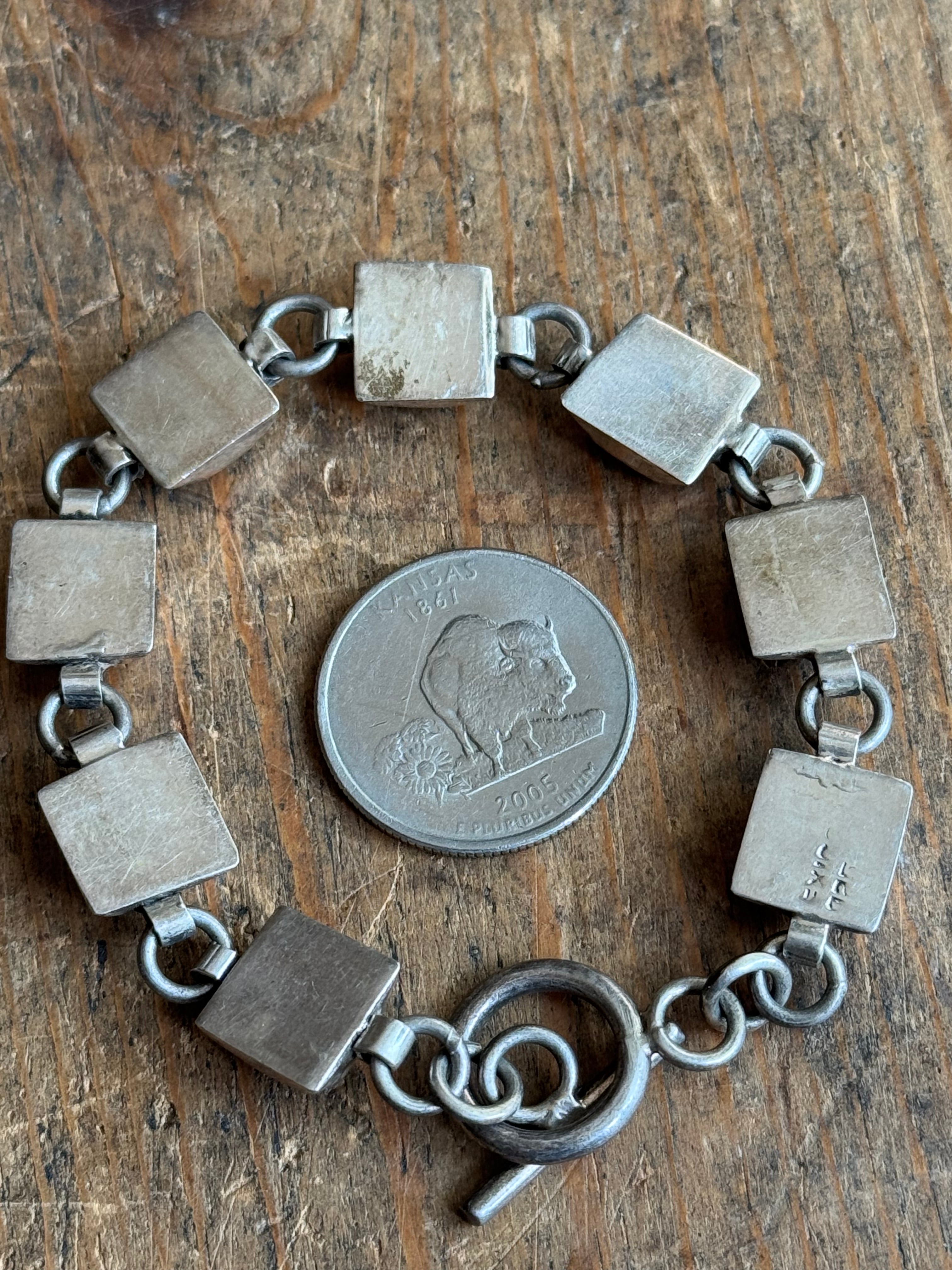 Vintage Sterling Silver 8” Multistone Square Link Toggle Bracelet