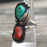 Vintage Sterling Turquoise and Coral Feather Ring 8