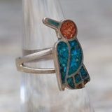 Vintage Sterling rushed Turquoise and Coral Inlay Bird Ring 6