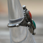 Vintage Sterling Turquoise and Coral Feather Ring 4.75