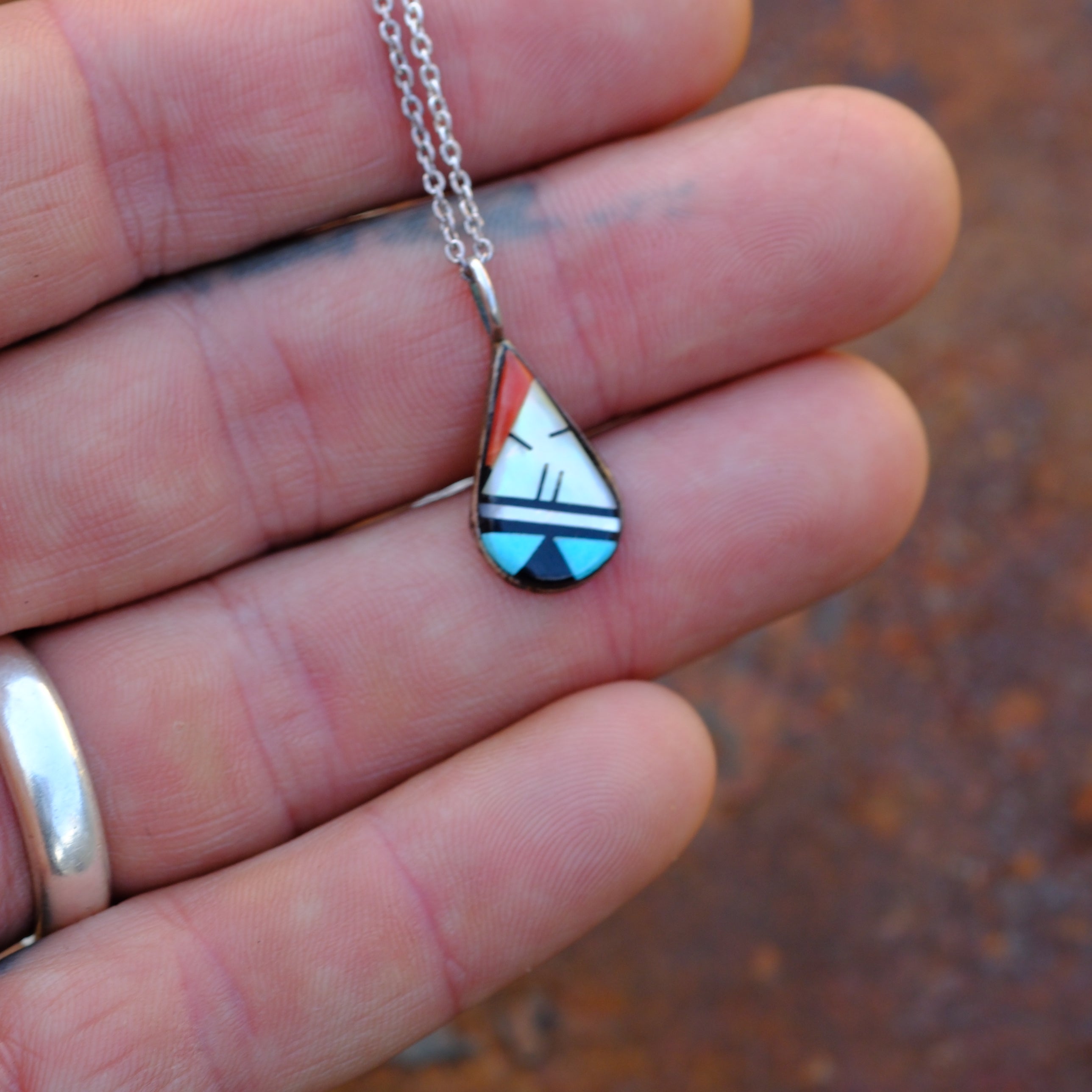 Vintage Sterling Silver Multistone Inlay Necklace