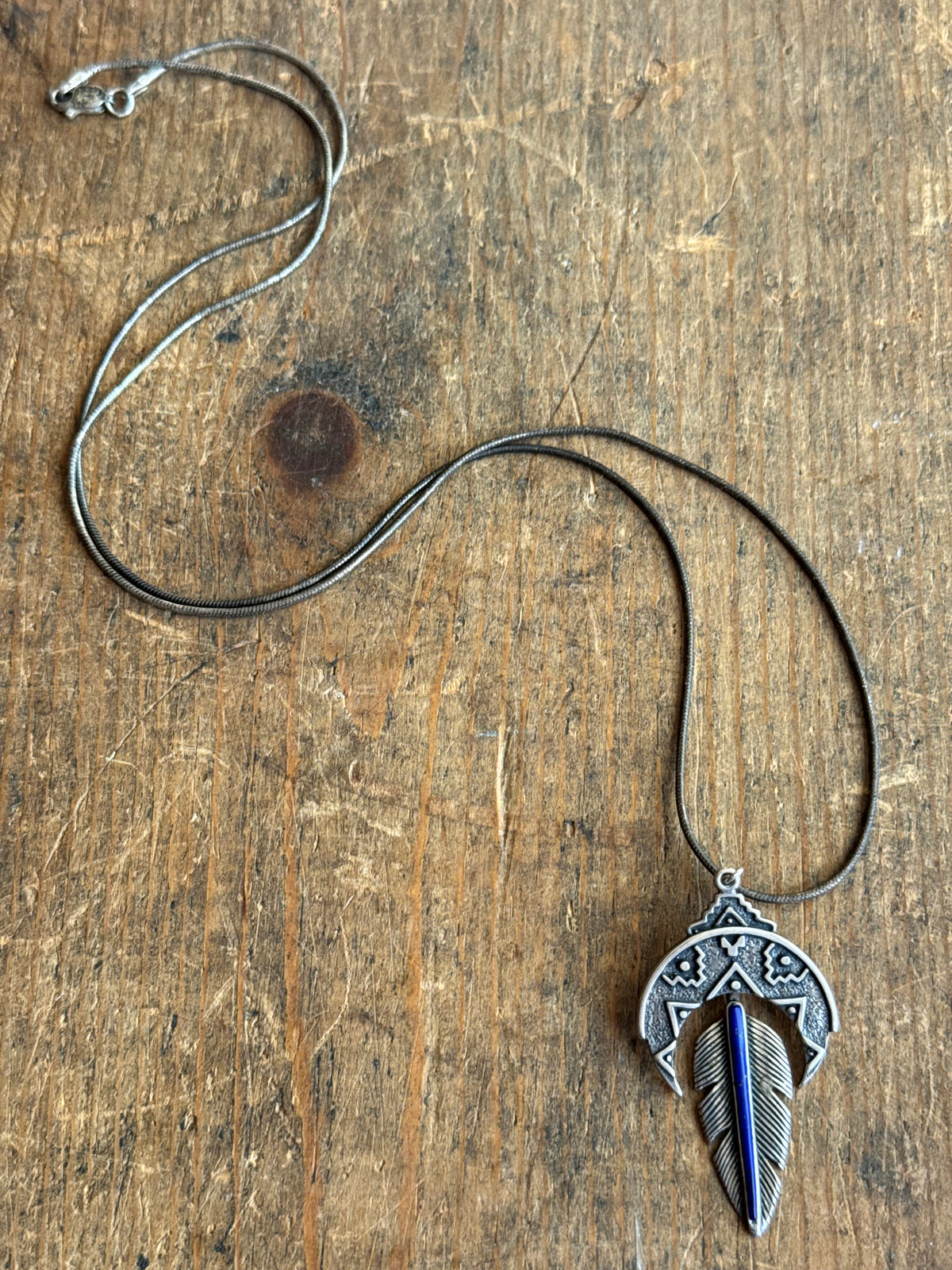 Vintage Sterling Silver Lapis Crescent Leaf Necklace