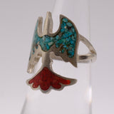 Vintage Sterling Turquoise and Coral Thunderbird Ring 4.75