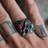 Vintage Sterling Turquoise and Coral Eagle Ring 8.5