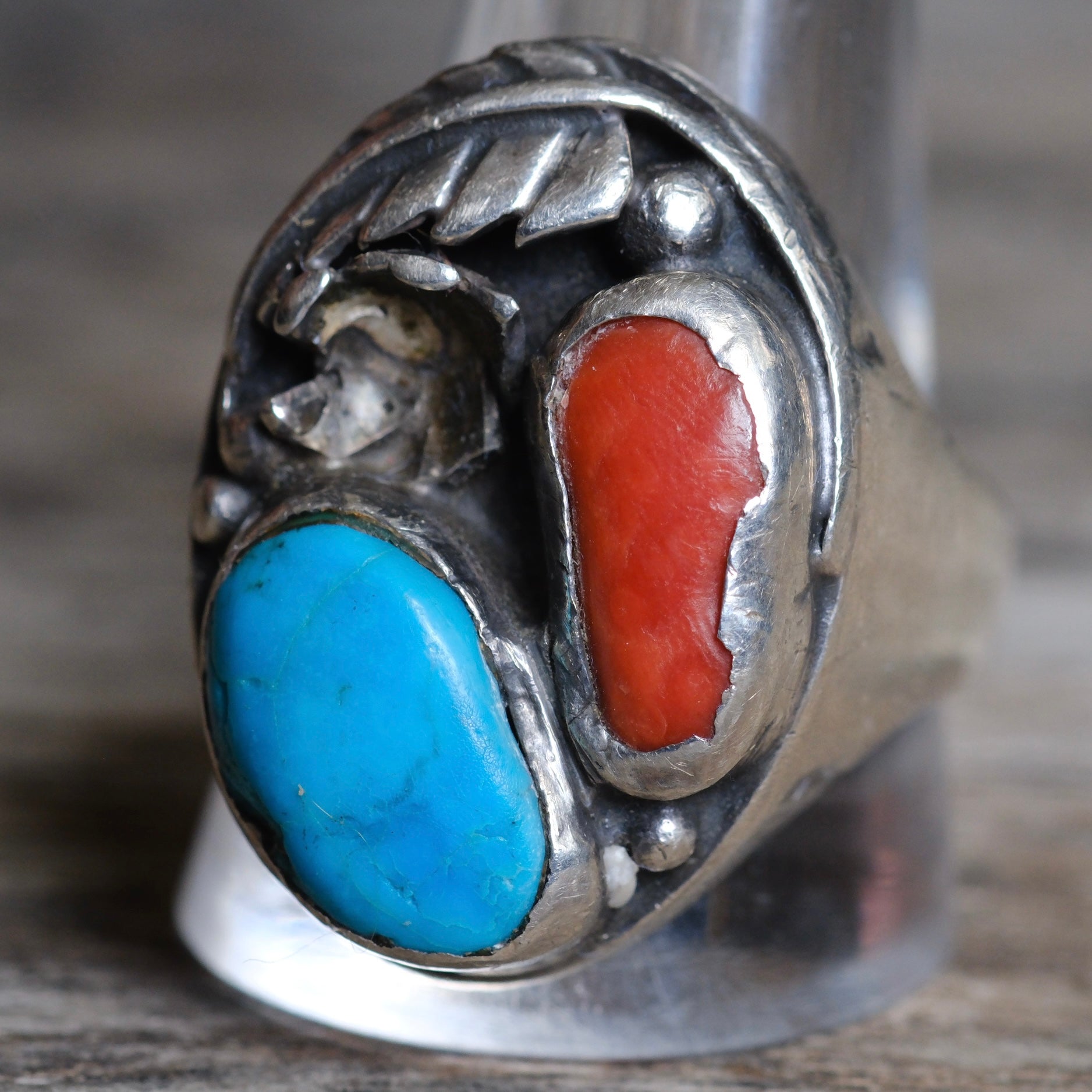 Vintage Sterling Turquoise and Coral Feather Ring 12.25