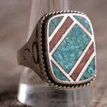 Vintage Sterling Turquoise and Coral Inlay Ring 11.75