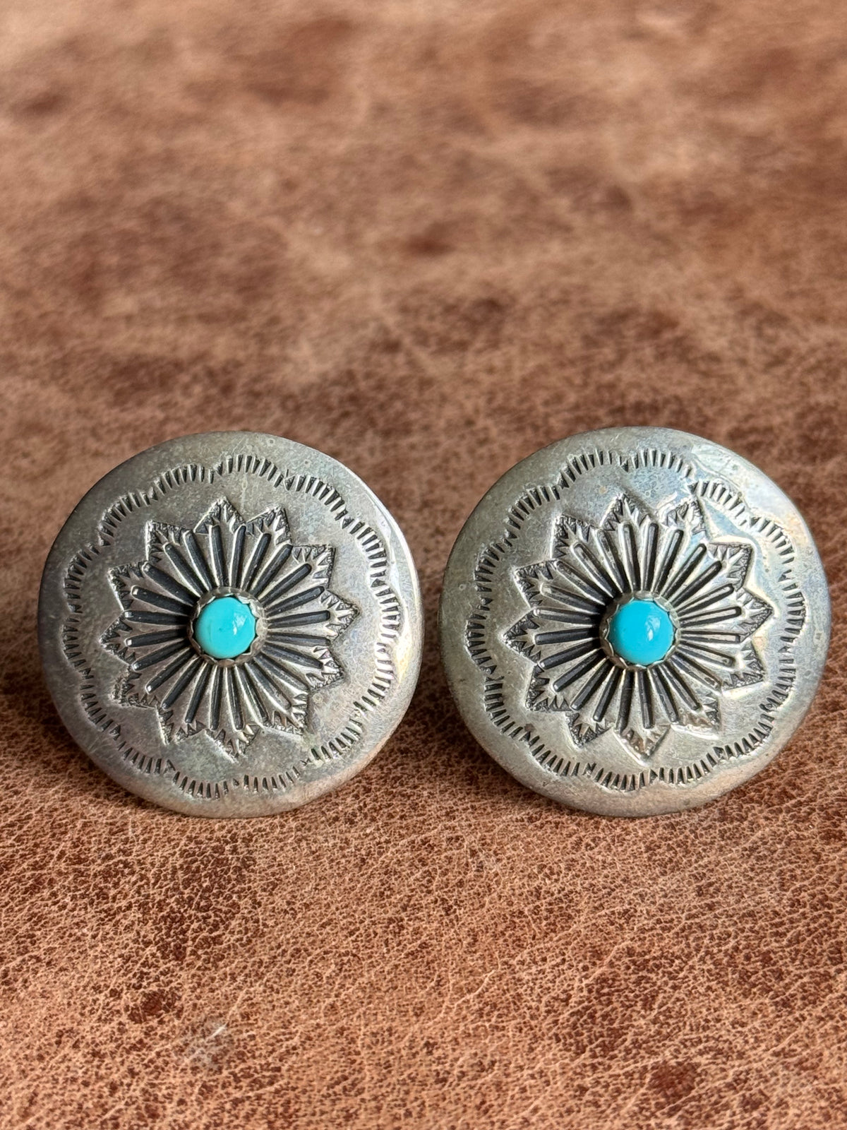 Vintage Sterling Silver Stamped Turquoise Concho Cufflinks
