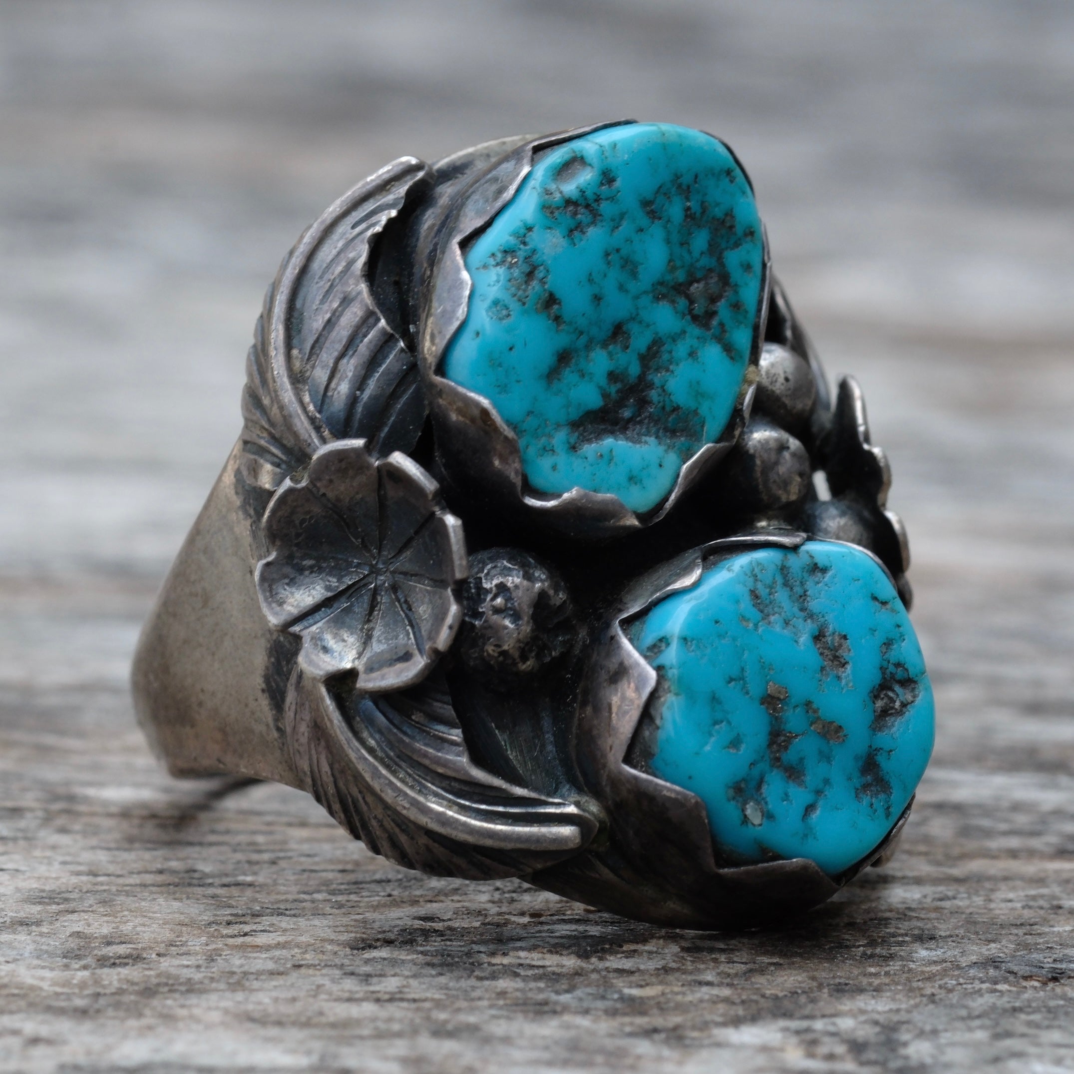 Vintage Sterling 2-Stone Turquoise Feather Ring 11