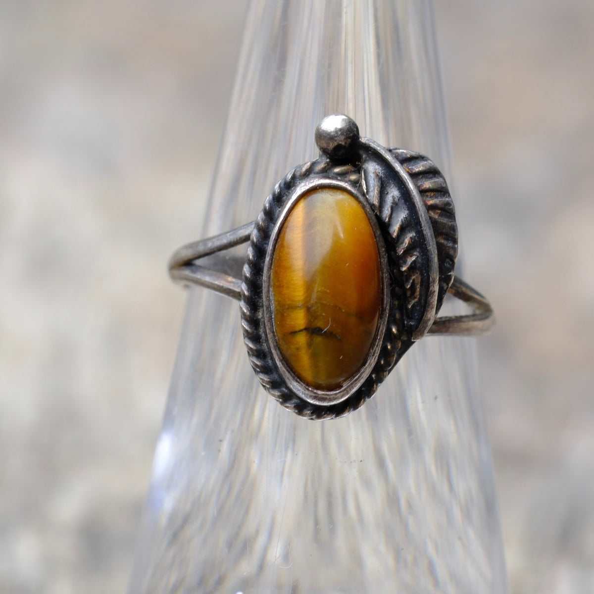 Vintage Sterling Tigers Eye Feather Ring 5.25