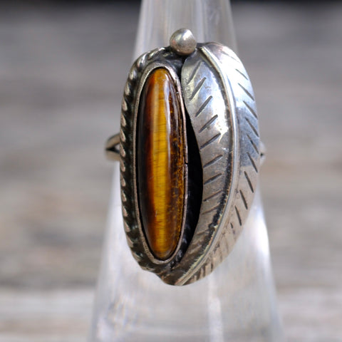 Vintage Sterling Tigers Eye Feather Ring 5.5