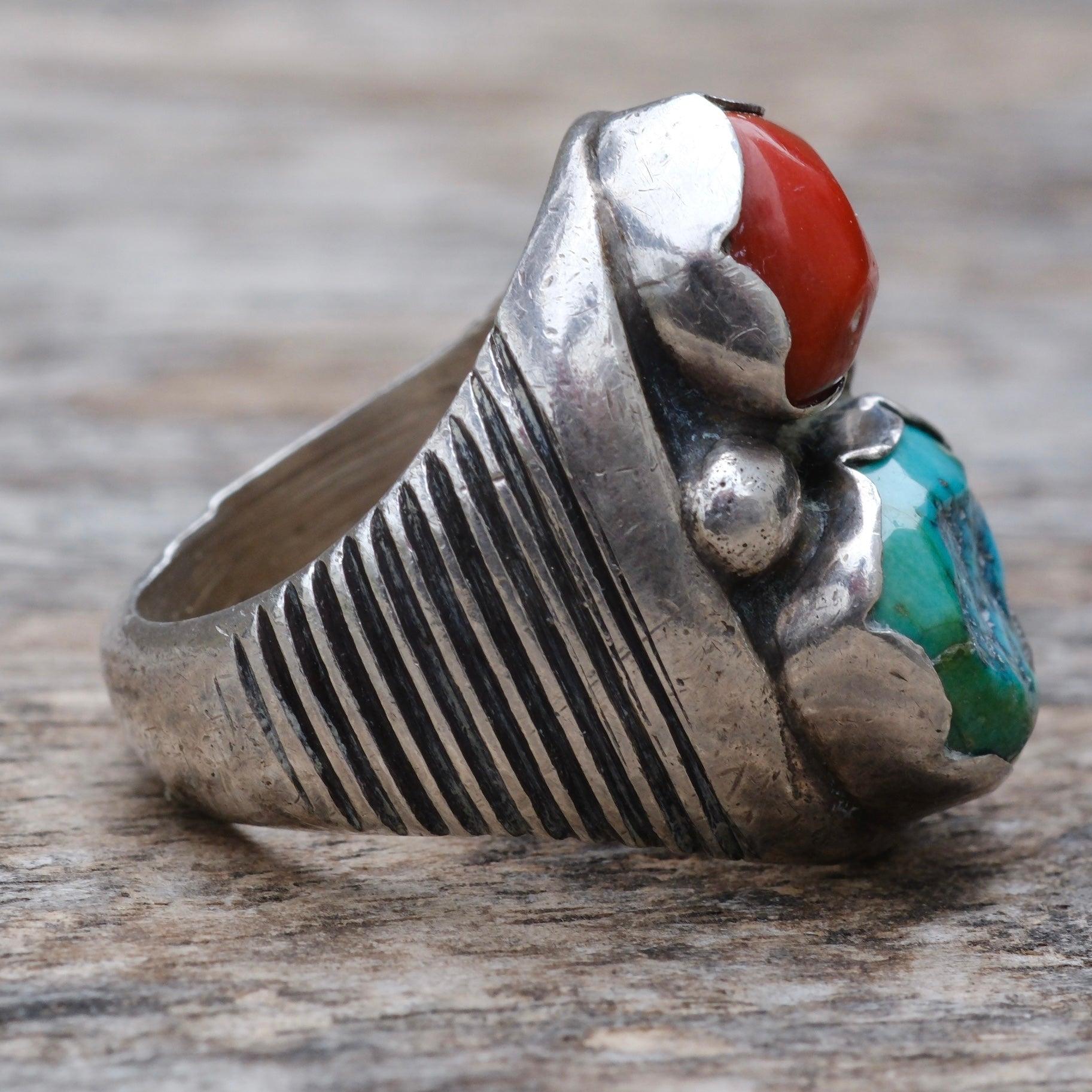 Vintage Sterling Turquoise and Coral Ring 9.25
