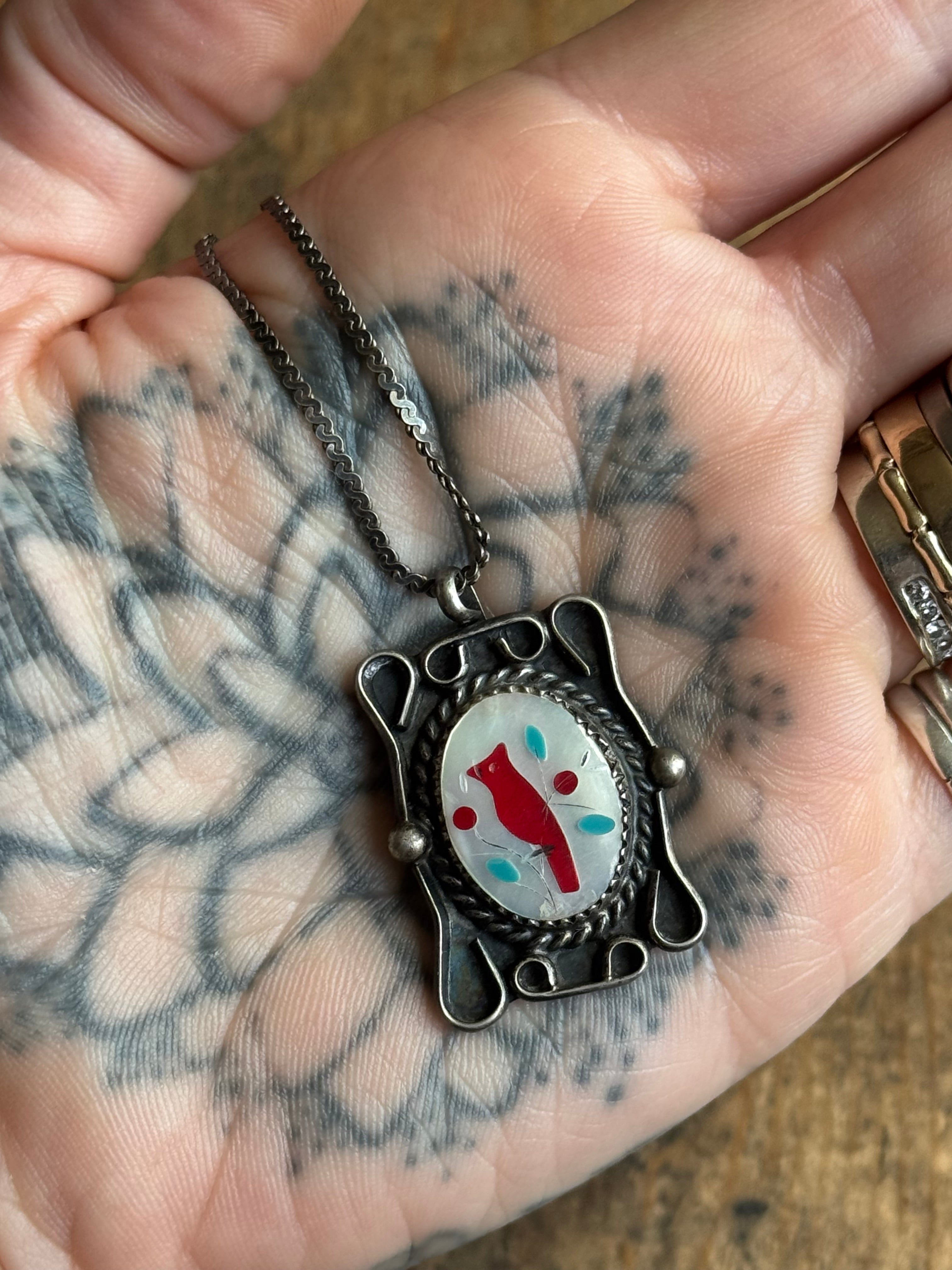 Vintage Sterling Silver Cardinal Inlay Necklace