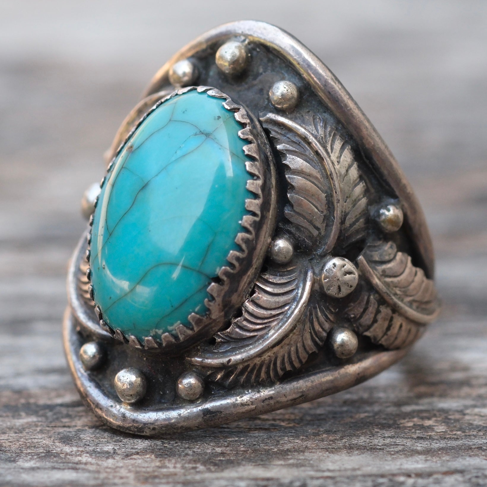 Vintage Sterling Turquoise Feather Ring 11.25