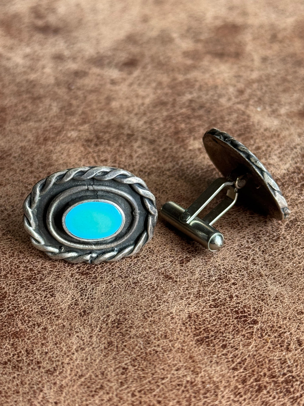 Vintage Sterling Silver Roped Turquoise Shadowbox Cufflinks