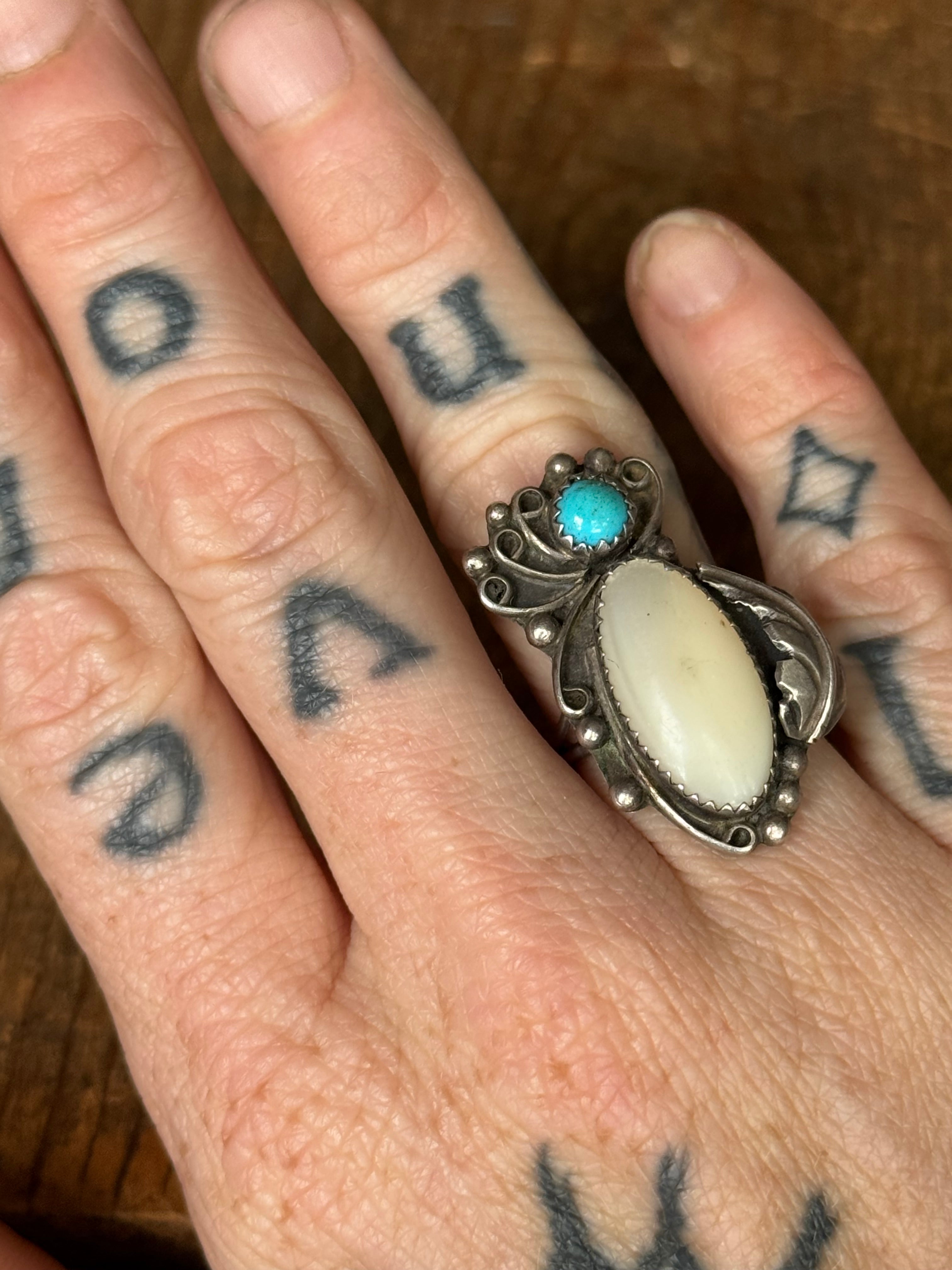 Vintage Sterling Silver Mother of Pearl Turquoise Feather Ring 6
