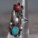 Vintage Sterling Turquoise and Coral Ring 6.25