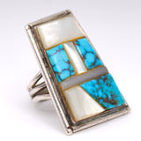 HUGE Vintage Sterling Turquoise and Mother Of Pearl Inlay Ring 5.75