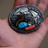 Vintage Sterling Turquoise and Coral Bear Claw Belt Buckle