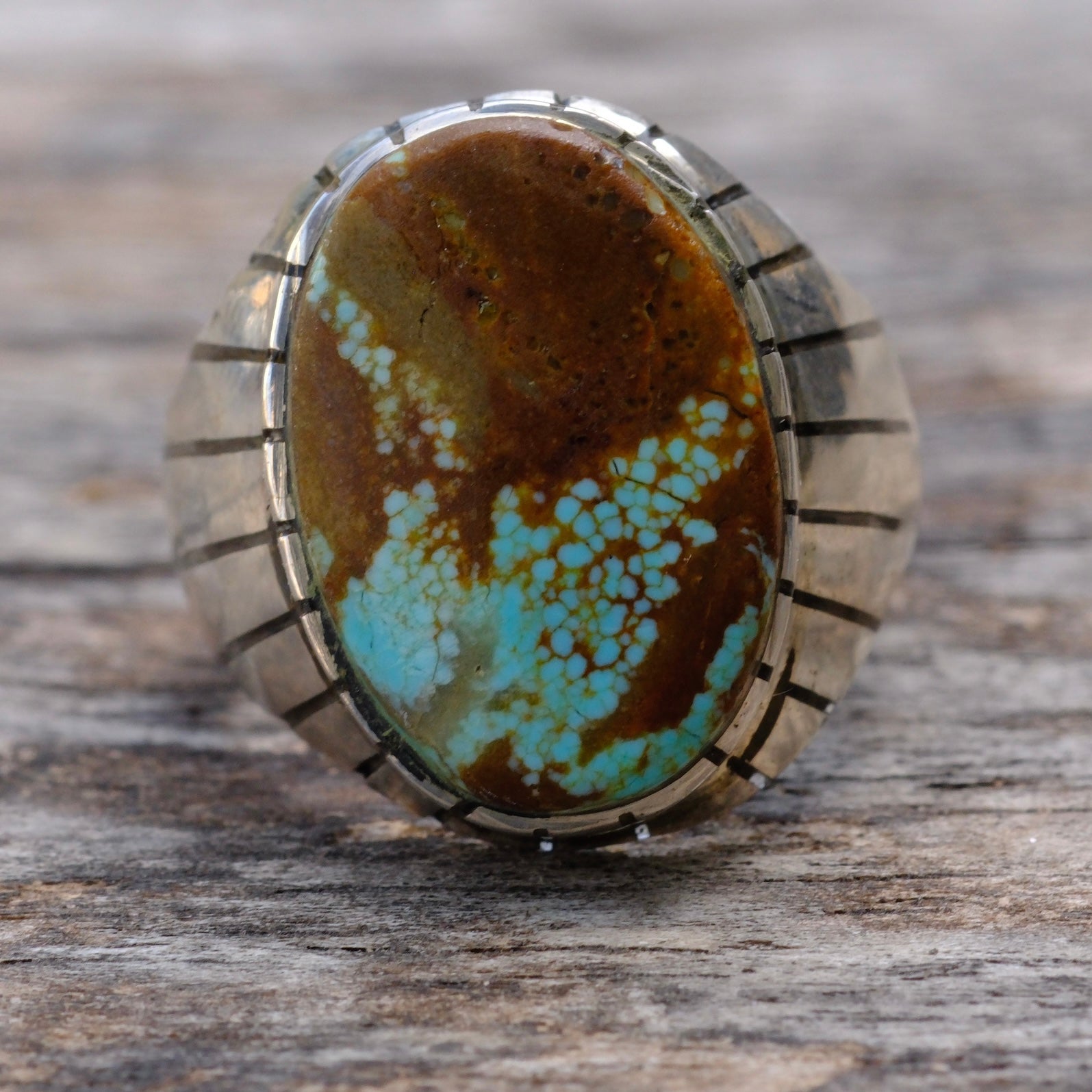 Vintage Sterling Turquoise Ribbed Band Ring 8.75