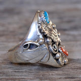Vintage Sterling Turquoise and Coral Eagle Ring 9.5