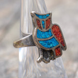 Vintage Sterling Turquoise and Coral Inlay Owl Ring 6