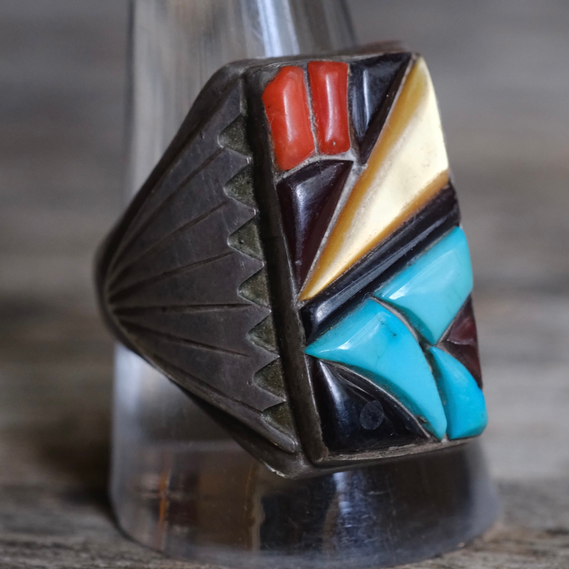 Vintage Sterling Multistone Inlay Winged Band Ring 11.5