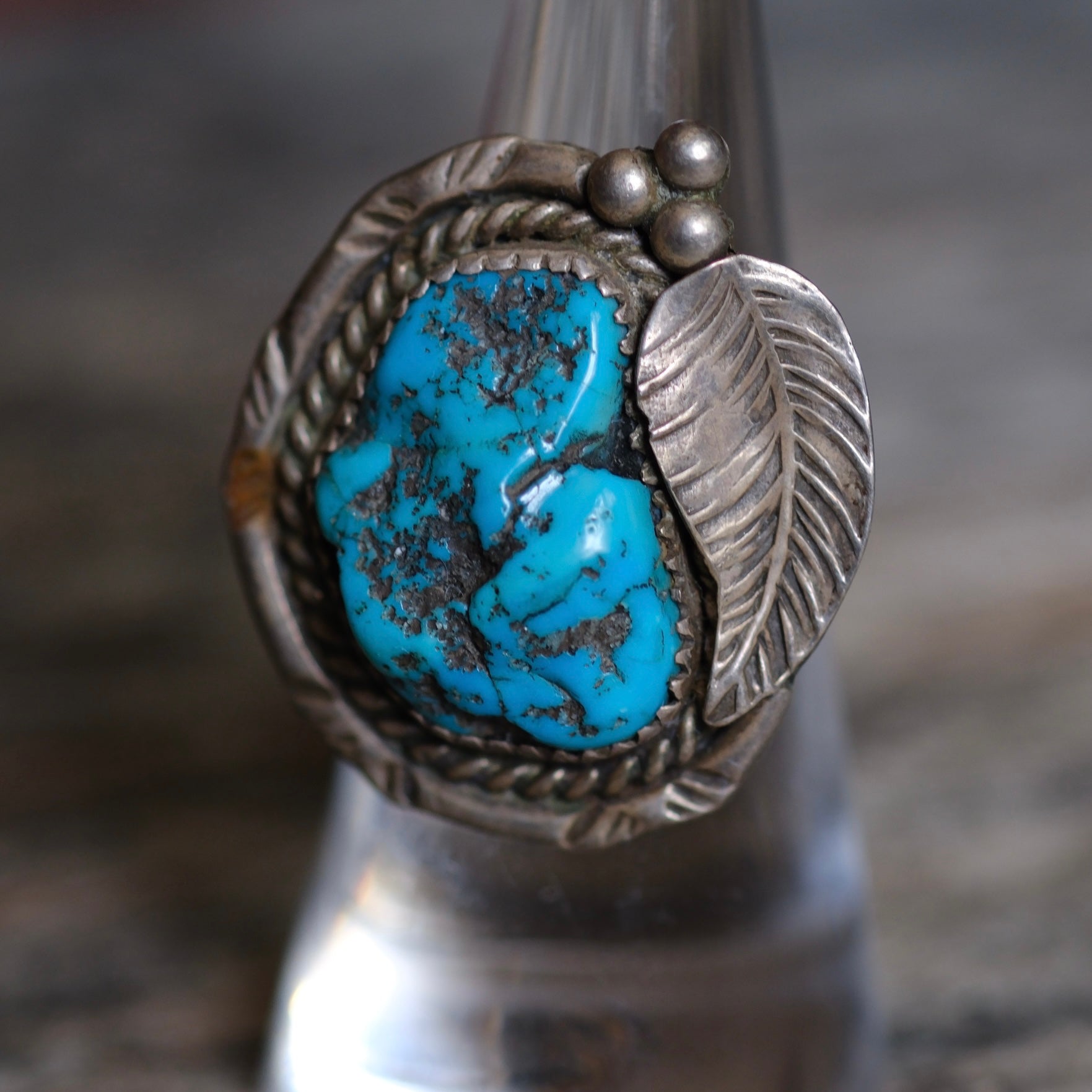Vintage Sterling Chunky Turquoise Feather Ring 6.75