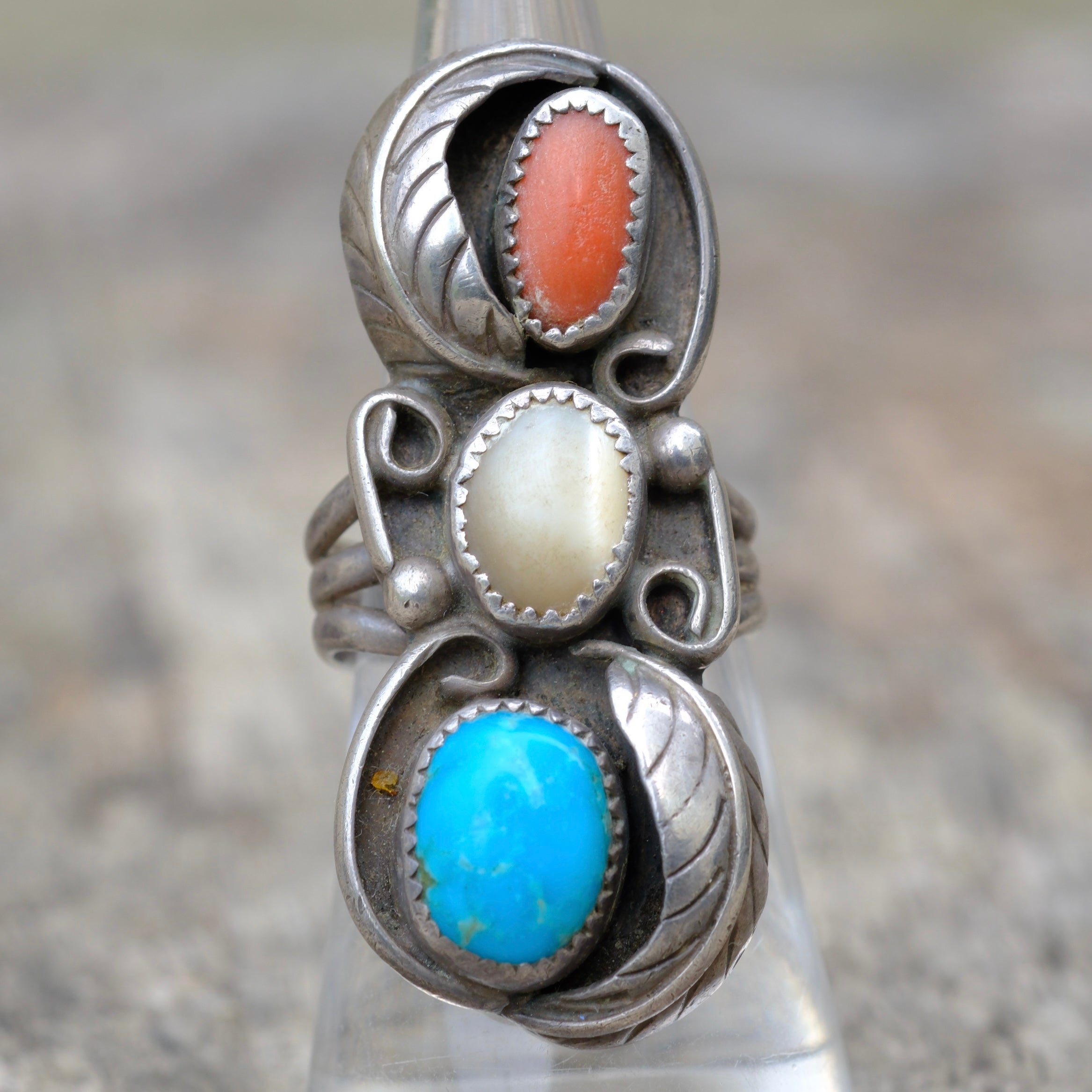 Vintage Sterling Turquoise Coral and Turquoise Feather Ring 7.25