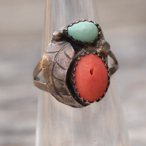 Vintage Sterling Turquoise and Coral Feather Ring 4.75