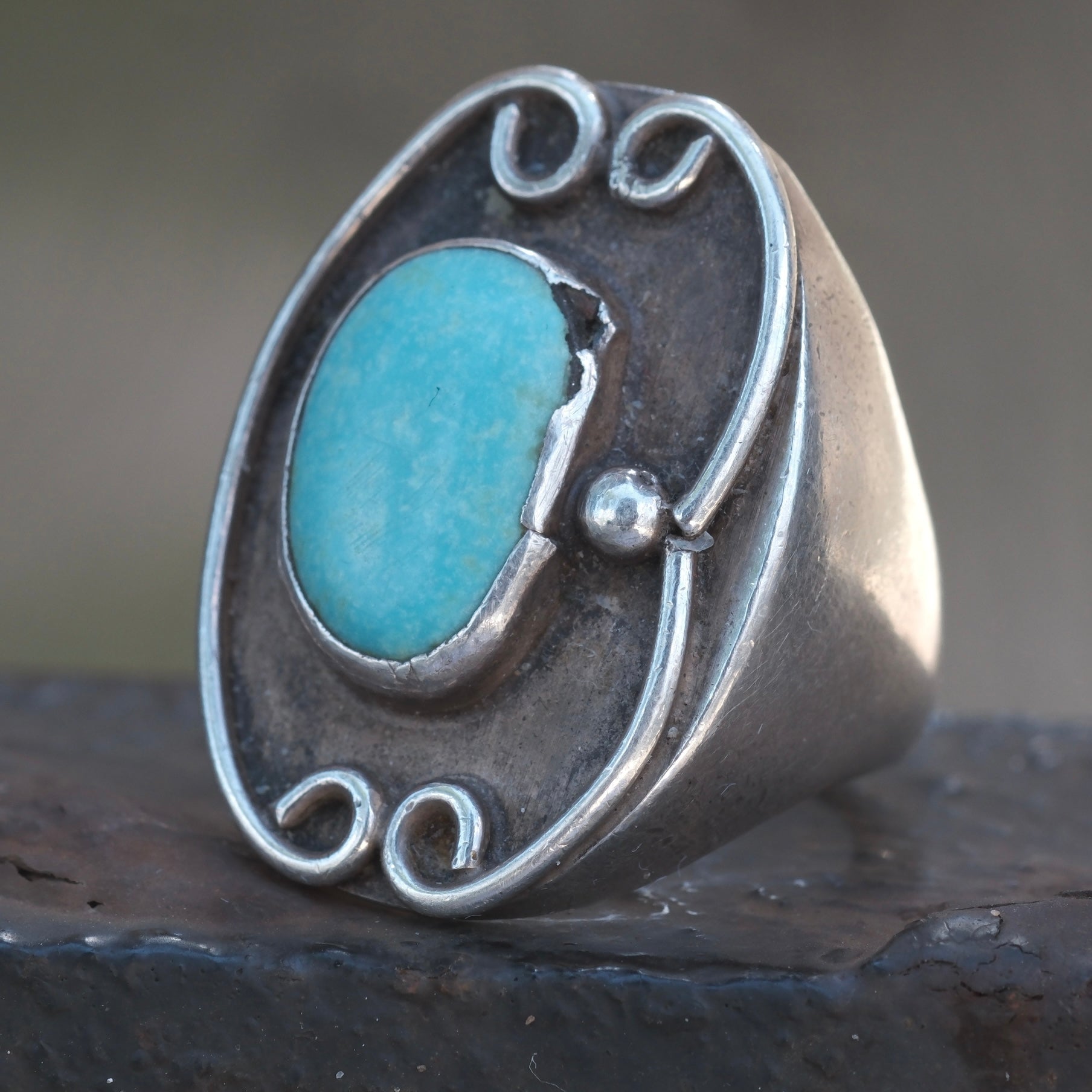 Vintage Sterling Turquoise Florette Ring 9.5