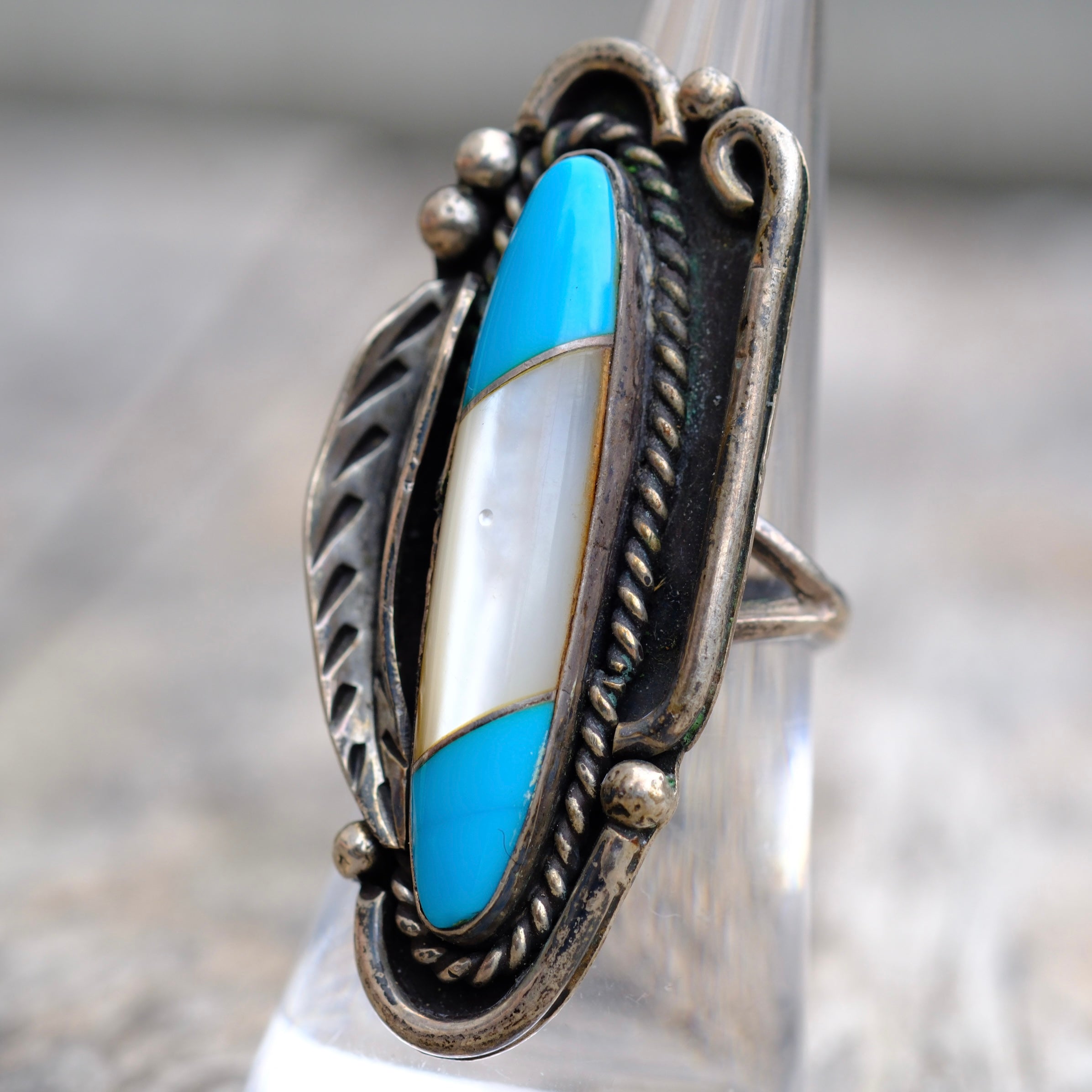 Vintage Sterling Turquoise and Mother Of Pearl Feather Ring 6.25