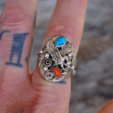 Vintage Sterling Turquoise and Coral Eagle Ring 9.5