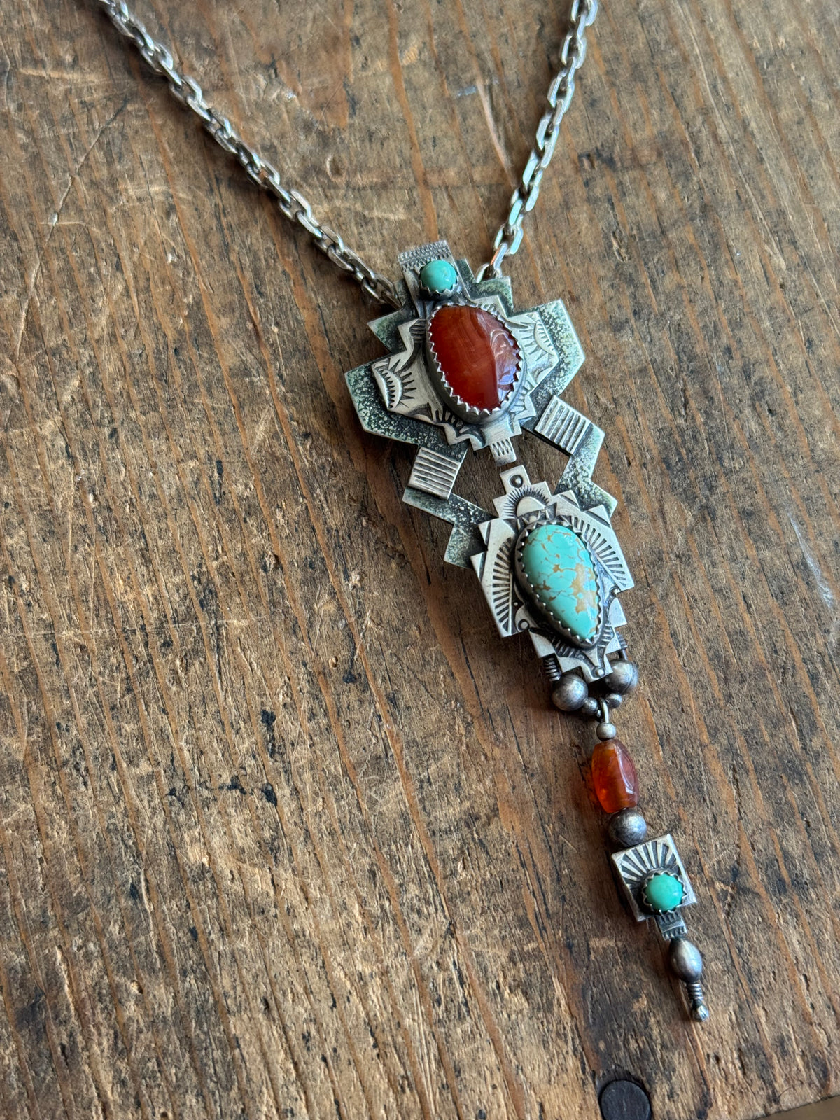 Vintage Sterling Silver Carnelian & Turquoise Stamped Totem necklace