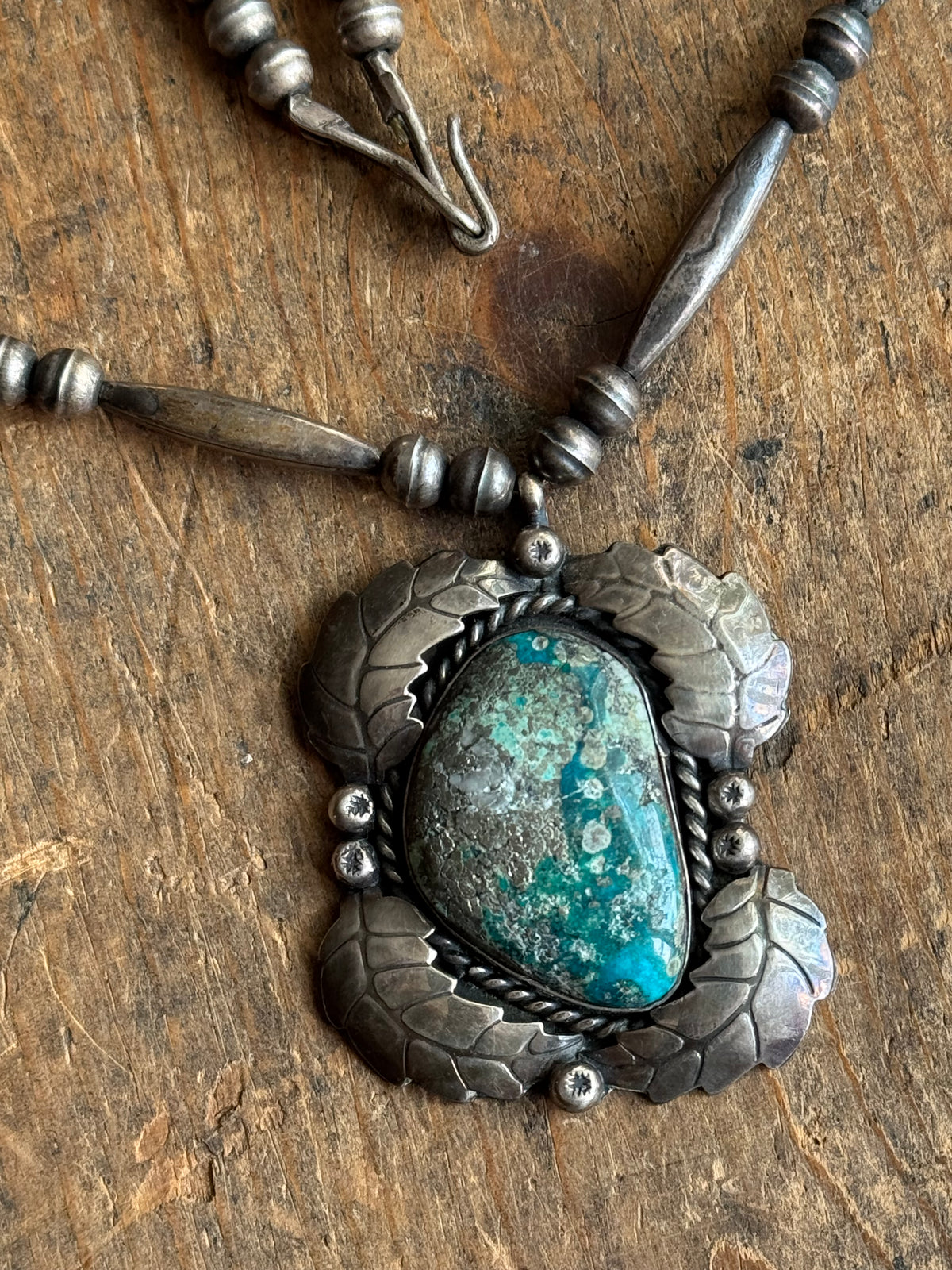 Vintage Turquoise Leaf Sterling Silver Pawn Bead Necklace