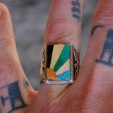 Vintage Sterling Multi Stone Sunrise Inlay Thunderbird Ring 8