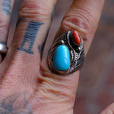 Vintage Sterling Turquoise and Coral Feather Ring 9.75