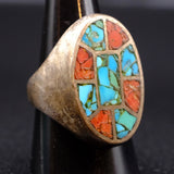 Vintage Sterling Crushed Turquoise and Coral Inlay Ring 9.25
