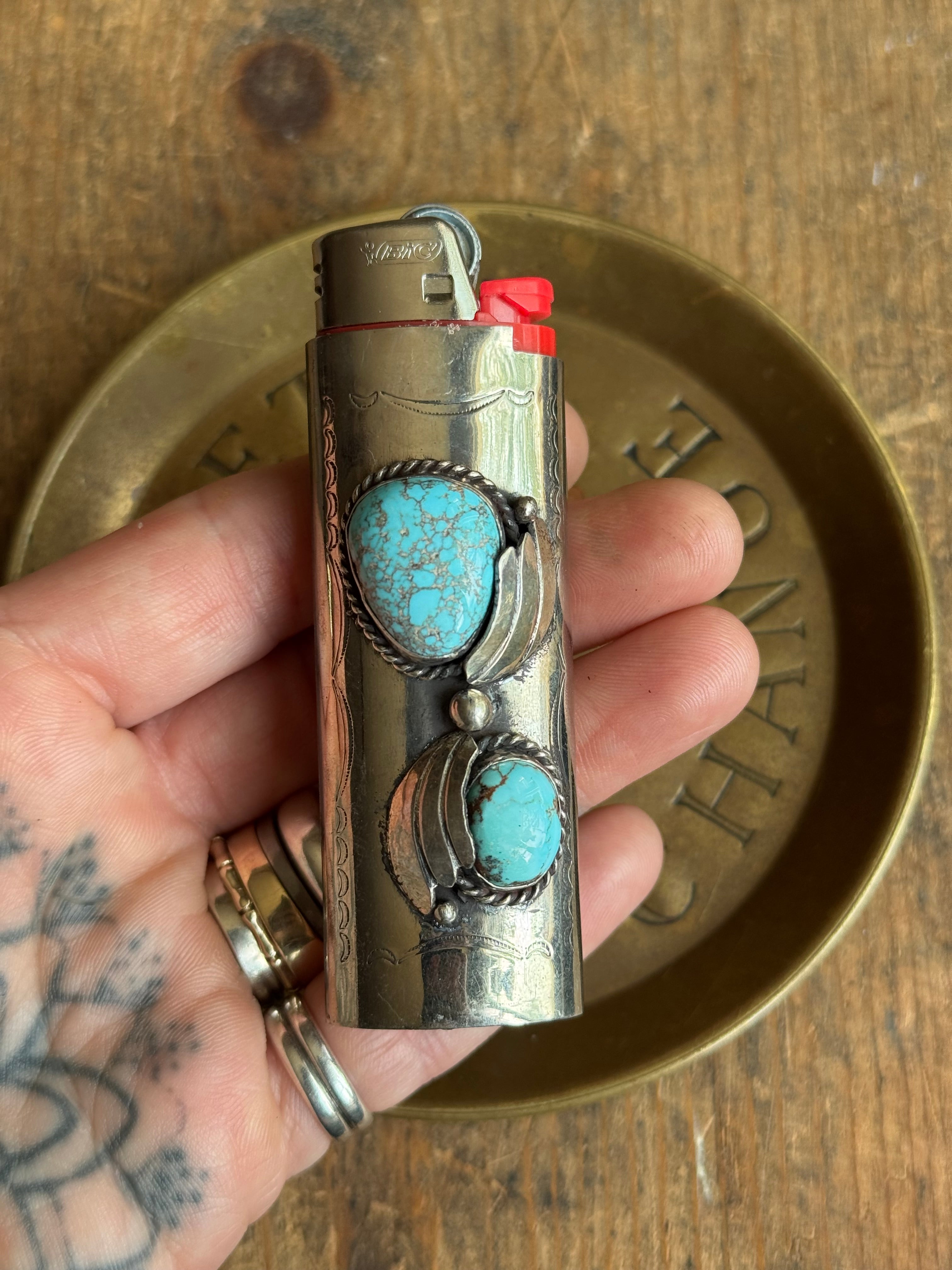 Vintage Stamped Nickel & Sterling Silver Turquoise Lighter Case
