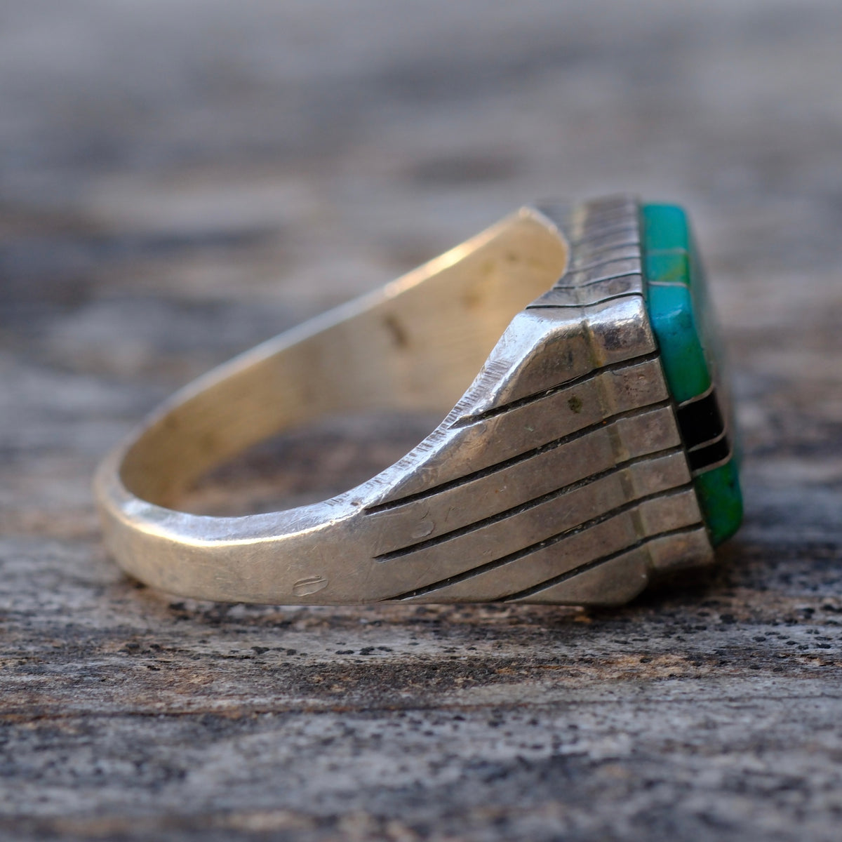 Vintage Sterling Malachite and Onyx Inlay Ring 12.75
