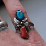 Vintage Sterling Turquoise and Coral Feather Ring 7