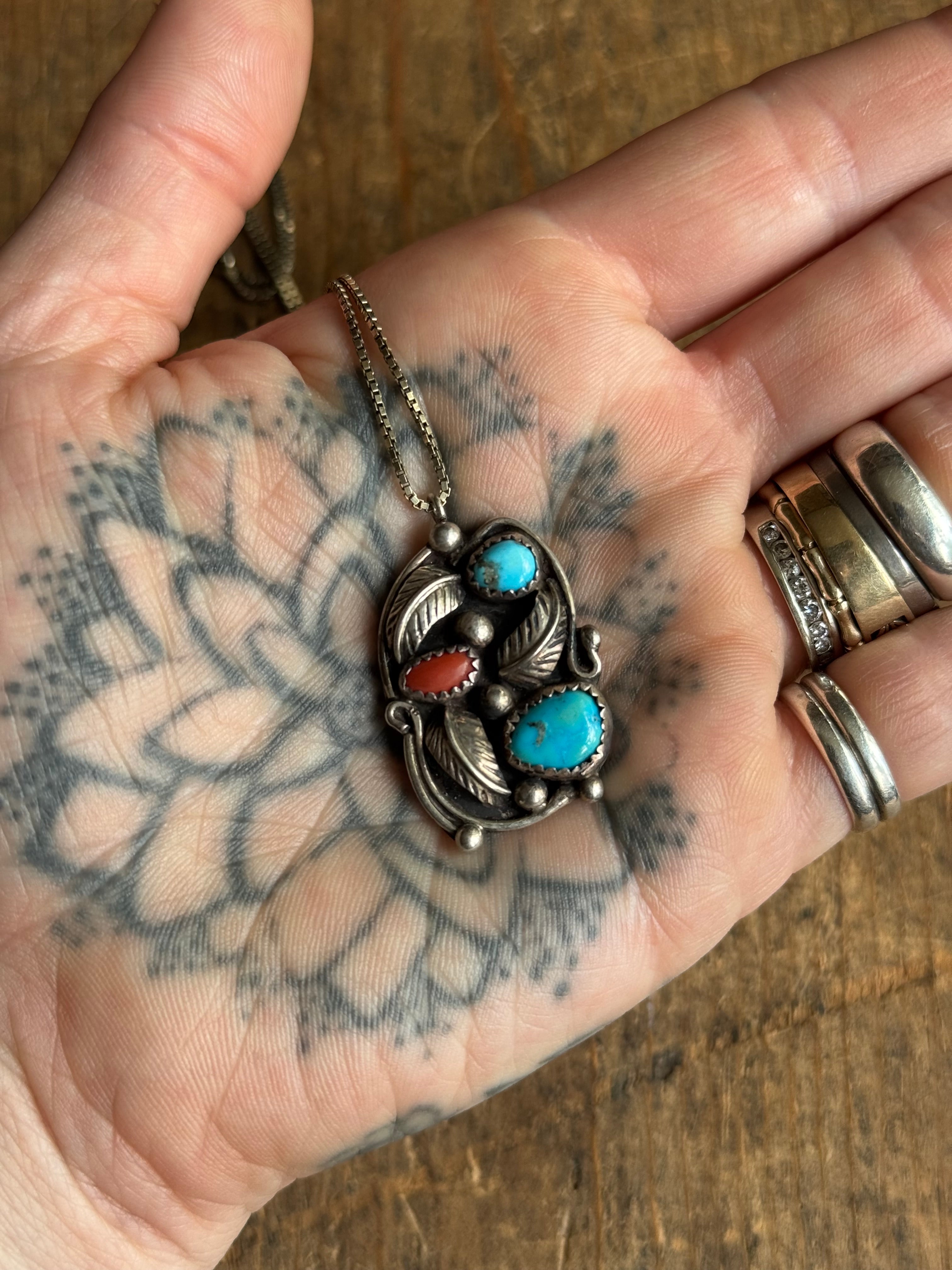 Vintage Sterling Silver Turquoise & Coral Feather Cluster Necklace