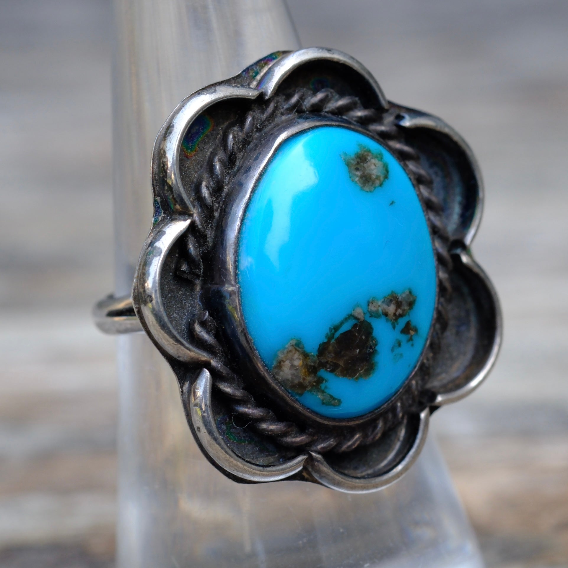 Vintage Sterling Turquoise Florette Ring 7.25